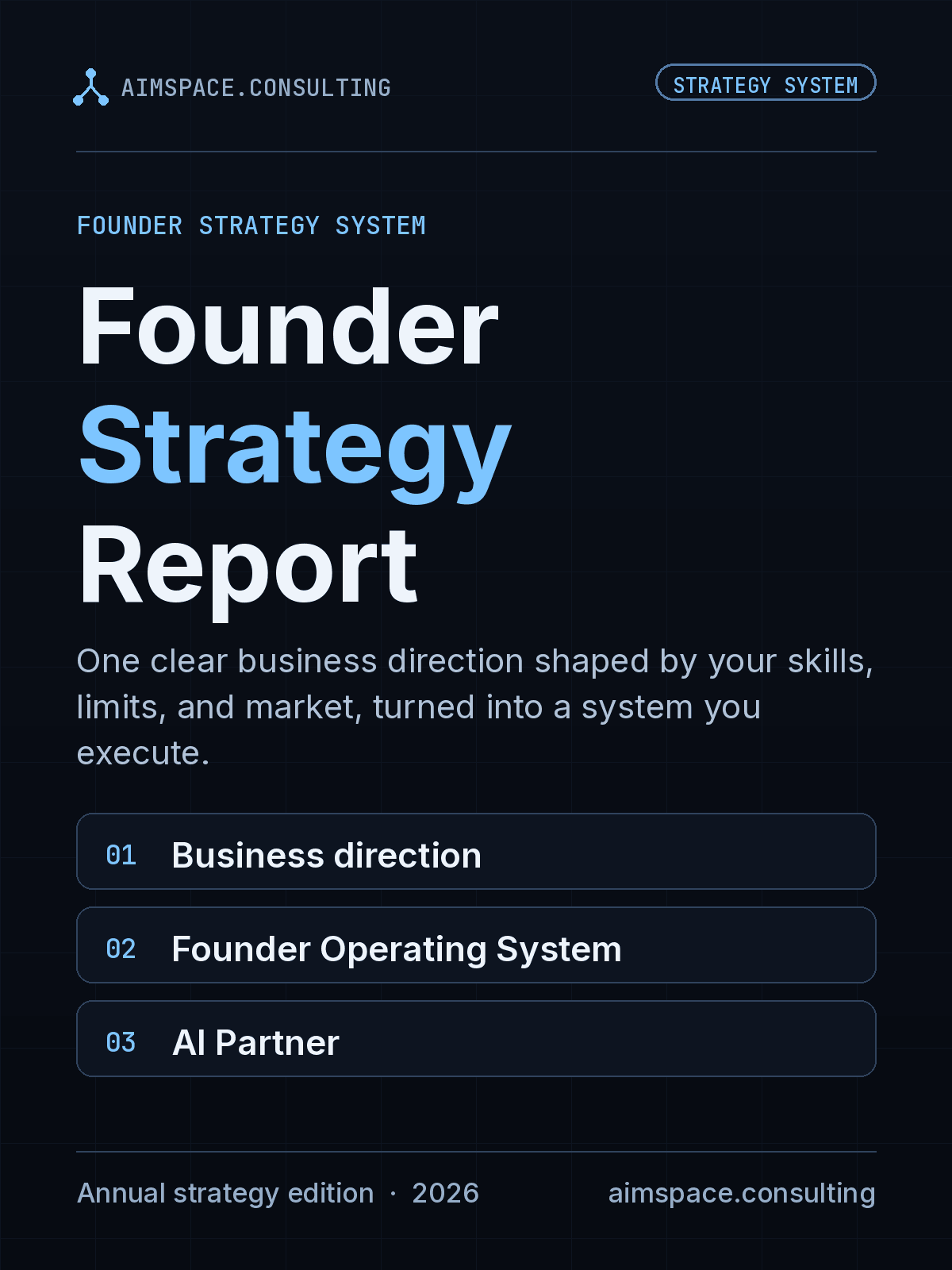 Founder Strategy Report cover, styled like an annual report title page